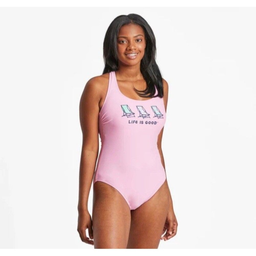 Life Is Good Womens XL Swimsuit Scoop Neck Tie Back One Piece Pink Beach Chairs